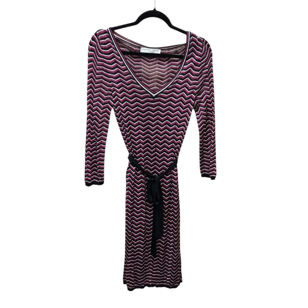 Trina Turk Womens Chevron Belted Open Knit Midi Dress S M Resort Vacation Travel